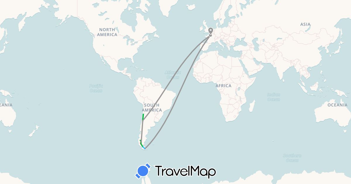 TravelMap itinerary: bus, plane, hiking, boat in Argentina, Chile, France (Europe, South America)